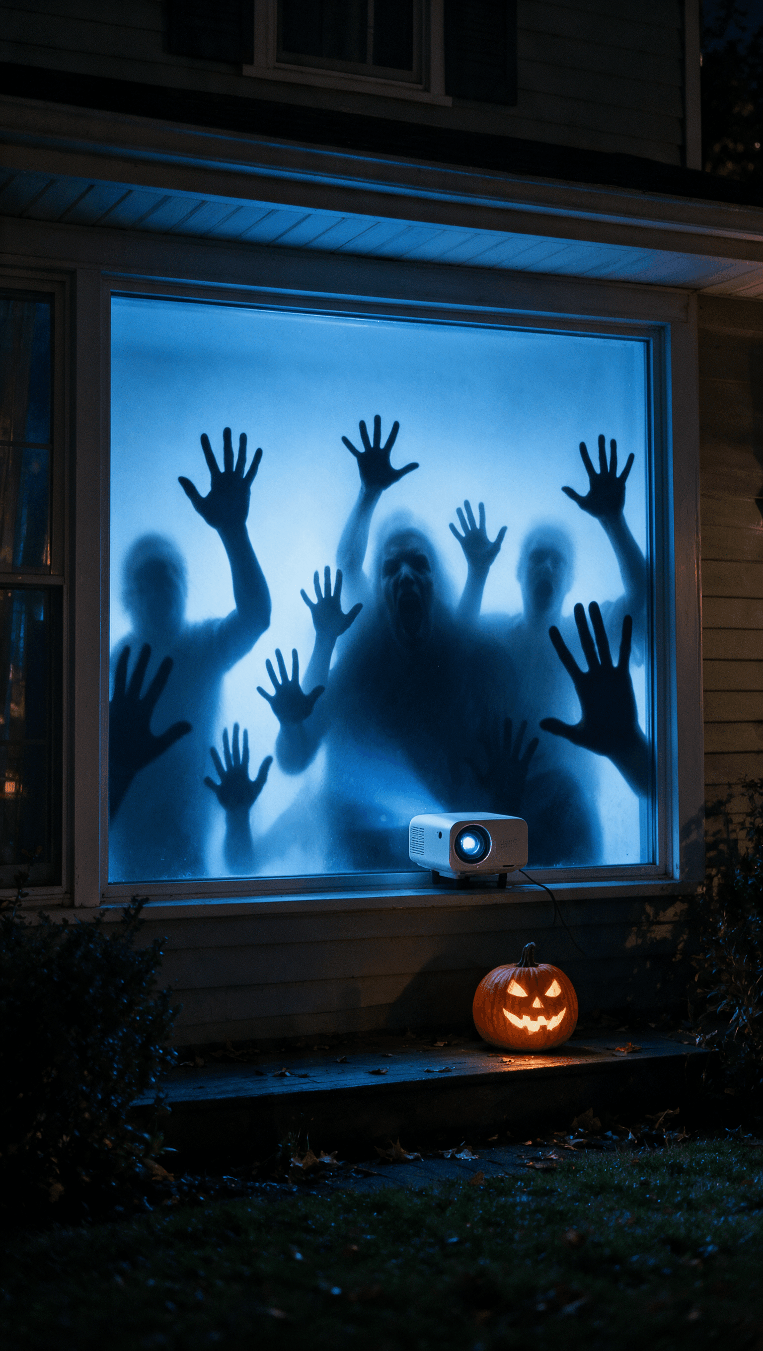 Scare Cast projector turning a dark window into a haunted scene with shadowy figures pressing against the glass
